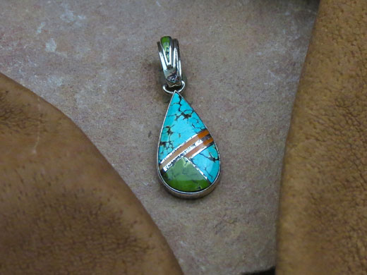 Navajo Solid Sterling Silver Spider Web Turquoise with Orange Spiny Oyster Pendant