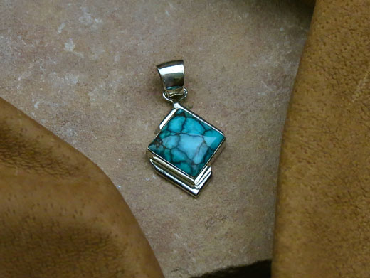 Navajo Solid Sterling Silver Spider Web Turquoise Pendant