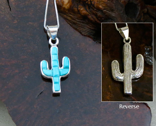Navajo Solid Sterling Silver and Sleeping Beauty Turquoise Cactus Pendant