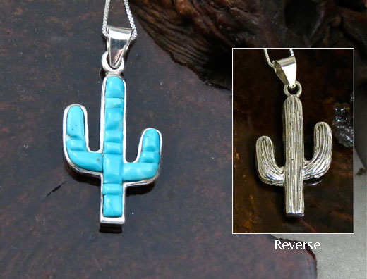 Navajo Solid Sterling Silver and Sleeping Beauty Turquoise Cactus Pendant