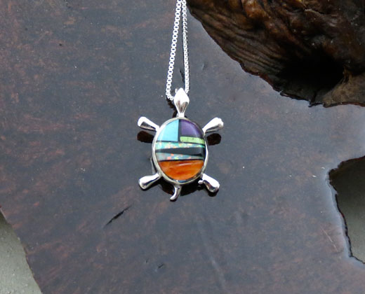 Navajo Sterling Silver Turtle Pendant- Sugelite, cultured Opal, Gaspeite, Jet, and Orange Spiny Oyster Shell, Sleeping Beauty Turquoise