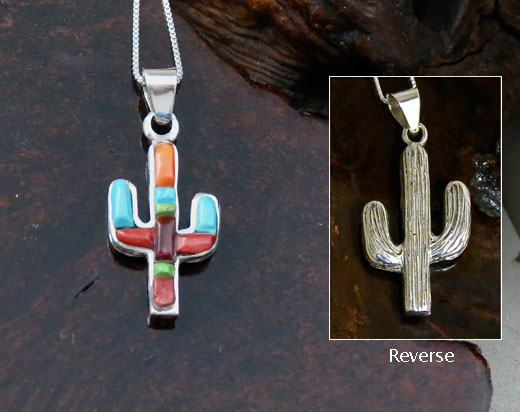 Navajo Solid Sterling Silver and Multi-color Stones Cactus Pendant