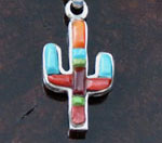 Genuine Navajo Turquoise, Multi-color Stones Cactus Pendant