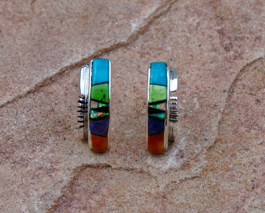 Spiny Oyster, Sugelite, Jet, Opal, Gaspeite and Sleeping Beauty Turquoise Sterling Silver Hoop Earrings