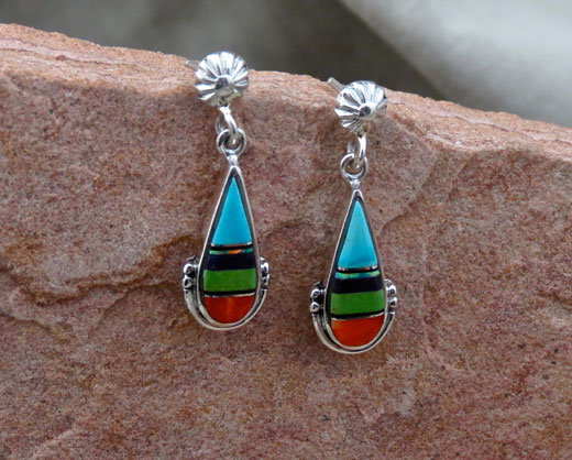 Cultured Opal, Sleeping Beauty Turquoise, Jet, Sugilite, Gaspeite and Orange Spiny oyster Sterling Silver Earrings