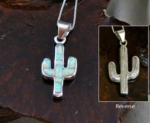 Navajo Solid Sterling Silver and Cultured OpalCactus Pendant
