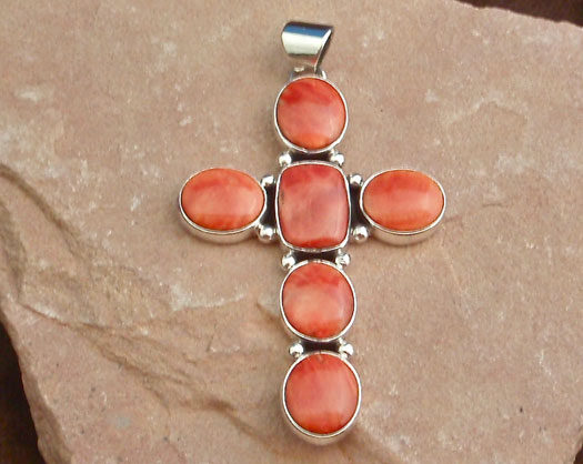 Navajo Silver cross Pendant inlayed with Orange Spiny Oyster Shell
