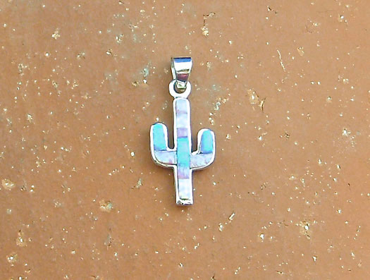 Navajo Solid Sterling Silver and Cultured Opal Cactus Pendant