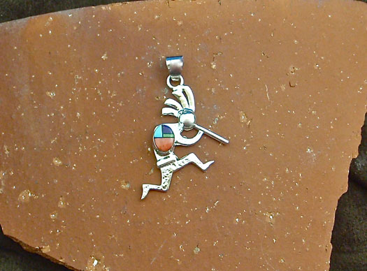 Navajo Solid Sterling Silver Kokopelli Pendant- Sleeping Beauty Turquoise, Black Jet, Spiny Oyster Shell, and Gaspeite