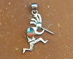 Genuine Navajo Kokopelli Pendant with Turquoise, Black Jet, Spiny Oyster Shell, and Gaspeite