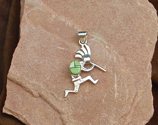 Navajo Solid Sterling Silver Kokopelli Pendant- Gaspeite and Cultured Opal