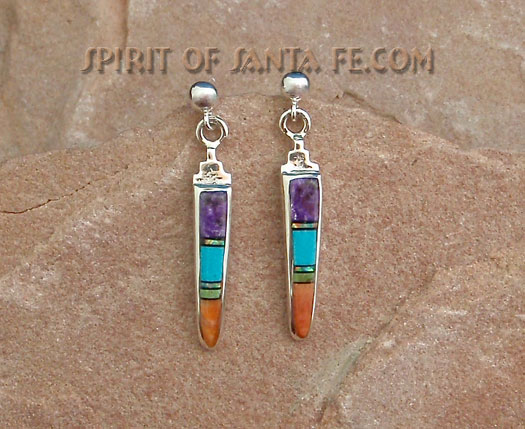 Earrings with Cultured Opal, Sleeping Beauty Turquoise, Black Jet, Sugilite, Gaspeite and Orange Spiny oyster shell