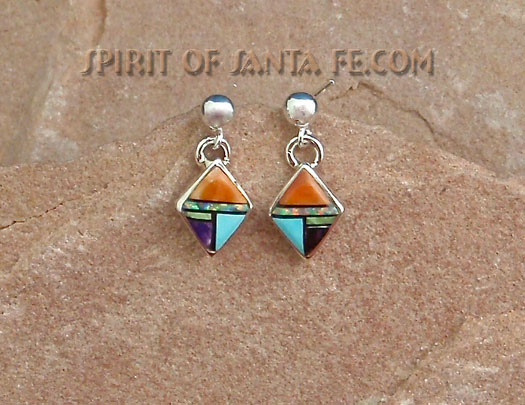 Earrings with Cultured Opal, Sleeping Beauty Turquoise, Black Jet, Sugilite, Gaspeite and Orange Spiny oyster shell