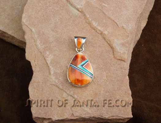 Navajo Solid Sterling Silver Orange Spiny Oyster and cultured opal Pendant