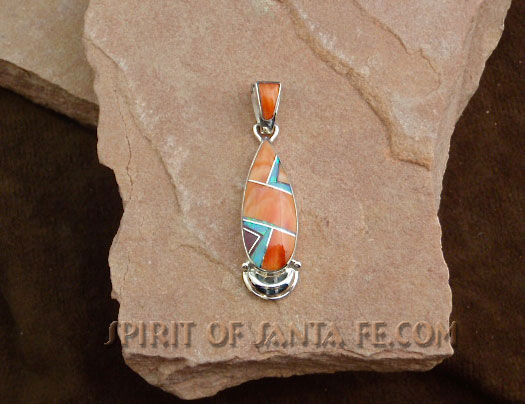 Navajo Solid Sterling Silver Red and Orange Oyster Shell, cultured opal Pendant