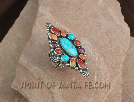 Navajo Sterling Silver Ring- Turquoise, Red Coral, Orange, Purple and Red Spiny Oyster Shell
