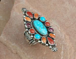 Genuine Navajo Sterling Silver and Turquoise, Red Coral, Orange, Purple and Red Spiny Oyster Ring