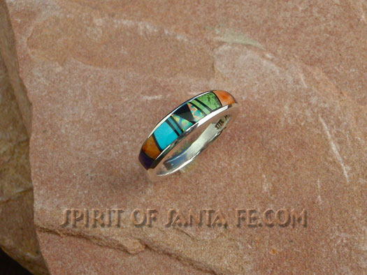 Navajo Sterling Silver Ring- Sleeping Beauty Turquoise, Orange Spiny Oyster Shell, Sugelite, Gaspeite, Opal and Jet