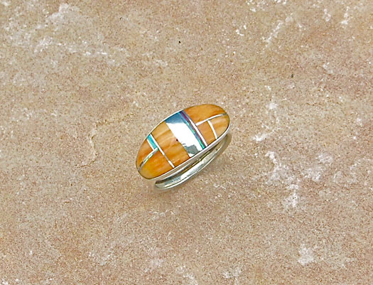 Navajo Sterling Silver Ring with Orange Spiny Oyster Shell, Cultured Opal and Black Jade Navajo Sterling Silver Ring with Orange Spiny Oyster Shell, Cultured Opal and Black Jade