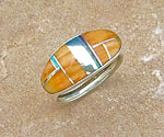 Genuine Navajo Sterling Silver Orange Spiny Oyster Shell, Opal and Jade Ring