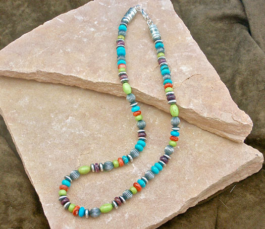 Navajo Silver beaded Necklace- Orange, Purple Spiny Oyster, Sleeping Beauty Turquoise, and Gaspeite