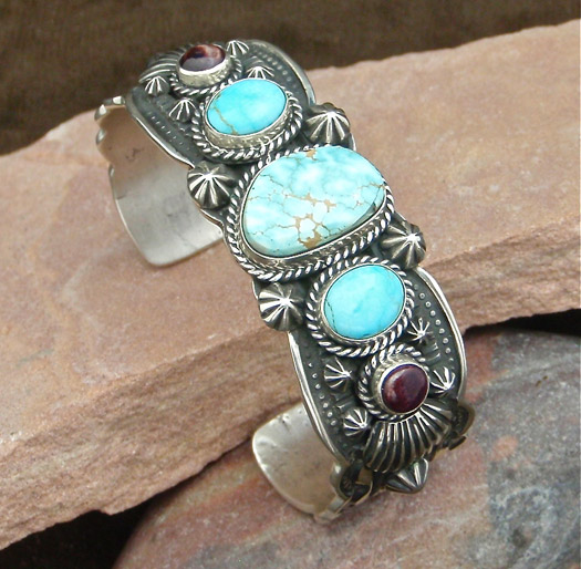 Sterling Silver Navajo Bracelet, Turquoise, Purple Spiny Oyster Shell