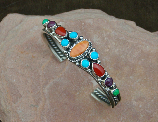 Sterling Silver Navajo Bracelet, Turquoise, Oyster Shell and Coral