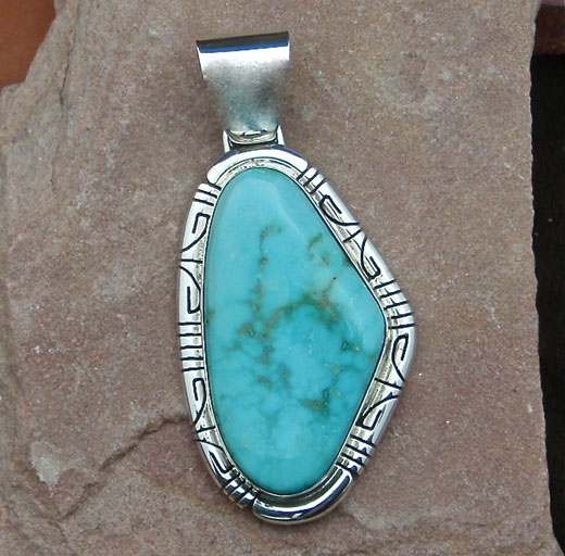 Navajo Solid Sterling Silver and Blue Gem Turquoise Pendant
