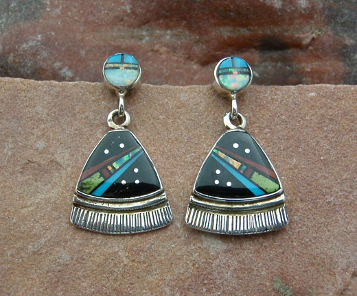 Sterling Silver Jet, Turquoise, Coral, Opal and Gaspeite Earrings