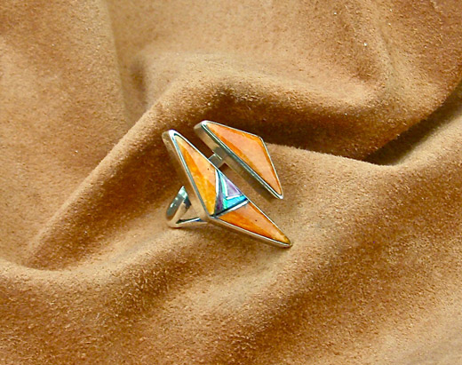 Navajo Sterling Silver Ring with Spiny oyster shell and Cultured Opal