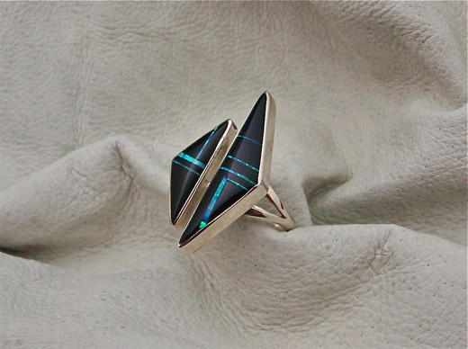 Navajo Sterling Silver Ring with Black Jade and Cultured Opal