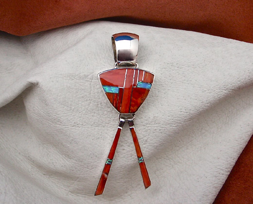 Navajo Solid Sterling Silver and Red Spiny Oyster Shell and Cultured 
      Opal Pendant