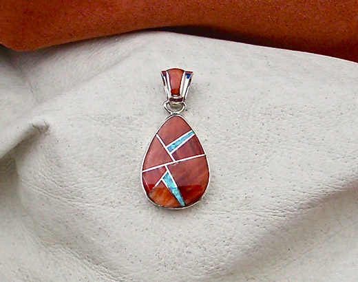 Navajo Solid Sterling Silver Spiny Oyster and 
      Opal Pendant