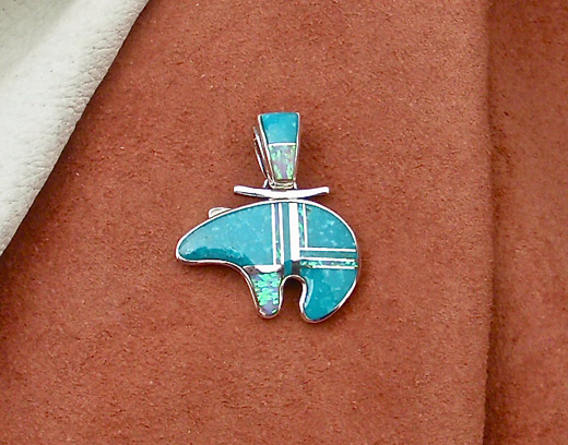 Navajo Solid Sterling Silver Turquoise and 
      Opal Bear Pendant
