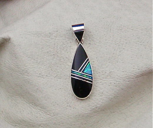 Navajo Solid Sterling Silver Black Jade and 
      Opal Tear drop Pendant