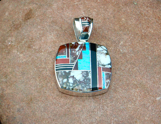 Navajo Solid Sterling Silver Magnasite, Red Coral, Black Onyx and opal Pendant