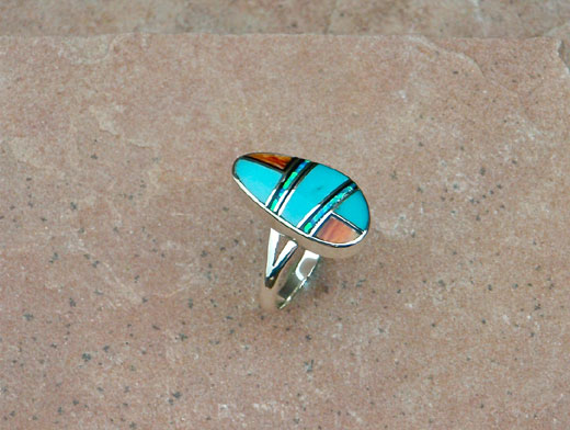 Navajo Sterling Silver ring- Turquoise and Red Spiny Oyster shell, Cultured Opal Navajo Sterling Silver Ring- Turquoise and Red Spiny Oyster shell, Cultured Opal