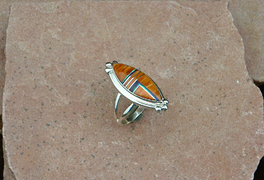 Navajo Sterling Silver Ring- Orange Spiny Oyster shell, Cultured Opal
