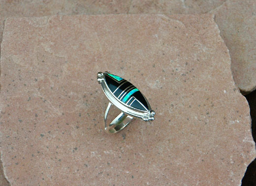 Navajo Sterling Silver Ring- Black Onyx, Cultured Opal