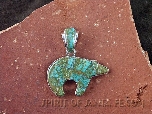 Navajo Silver Fetish Bear Pendant with Red and Orange Spiny Turquoise