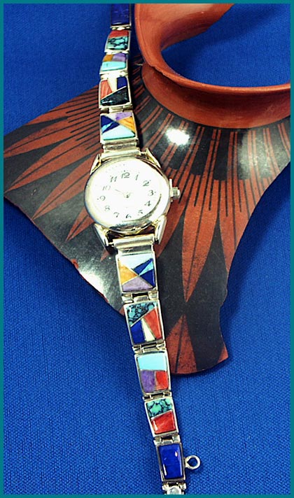Silver and Muti-Stone Inlay Watch Navajo Bracelet Silver and Muti-Stone Inlay Navajo Watch Bracelet