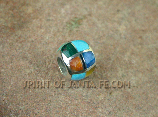 Navajo silver bead that is hand inlayed with Sleeping Beauty Turquoise, Lapis, mother of Pearl, Malachite, Red and Orange Spiny Oyster Shell.