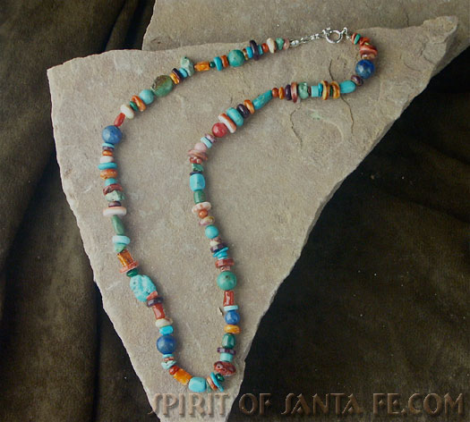 Native American made Single strand long multi-color turquoise, coral, lapis, oyster shell, gaspeite stone necklace