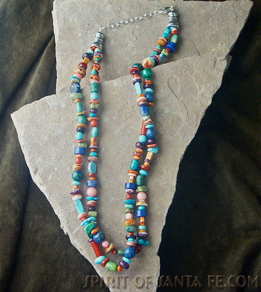 Native American made Double strand long multi-color turquoise, coral, lapis, oyster shell, gaspeite stone necklace