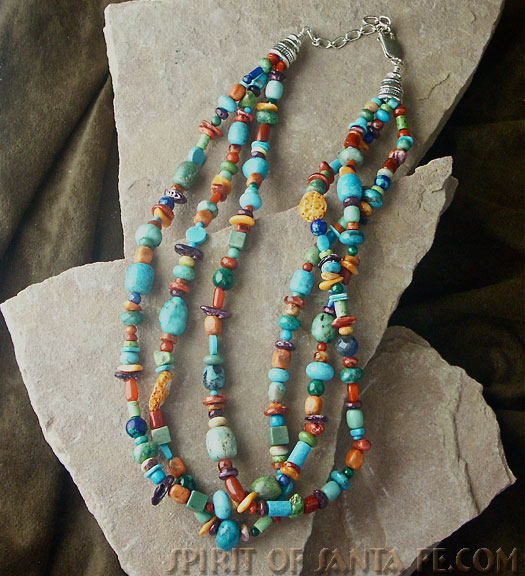 Native American made Triple strand long multi-color turquoise, coral, lapis, oyster shell, gaspeite stone necklace