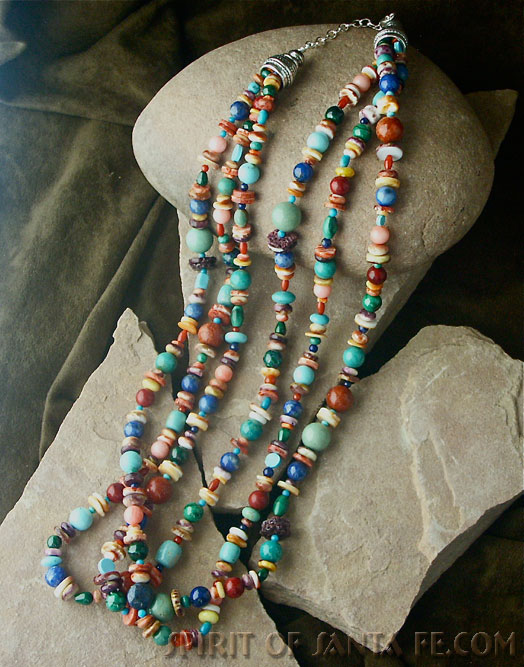 Native American made Triple strand long multi-color turquoise, coral, lapis, oyster shell, gaspeite stone necklace