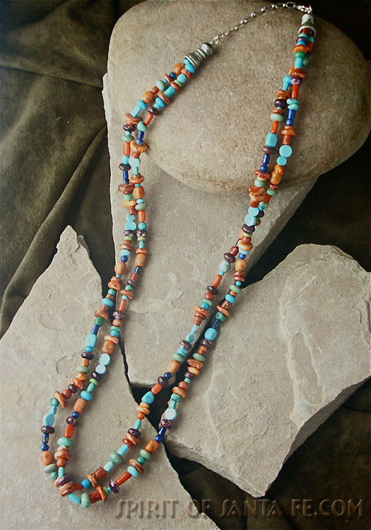 Native American made Double strand long multi-color turquoise, coral, lapis, oyster shell, gaspeite stone necklace