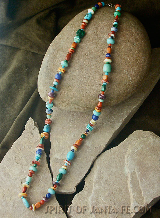 Native American made Single strand long multi-color turquoise, coral, lapis, oyster shell, gaspeite stone necklace