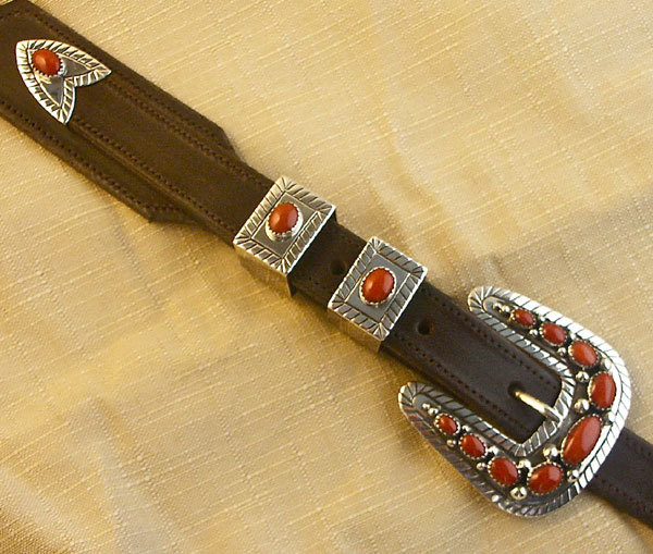 Silver and Red Coral Belt Buckle Set