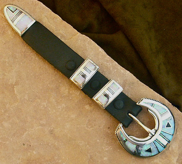 Silver and cultured Opal, and Black Jade Belt Buckle Set